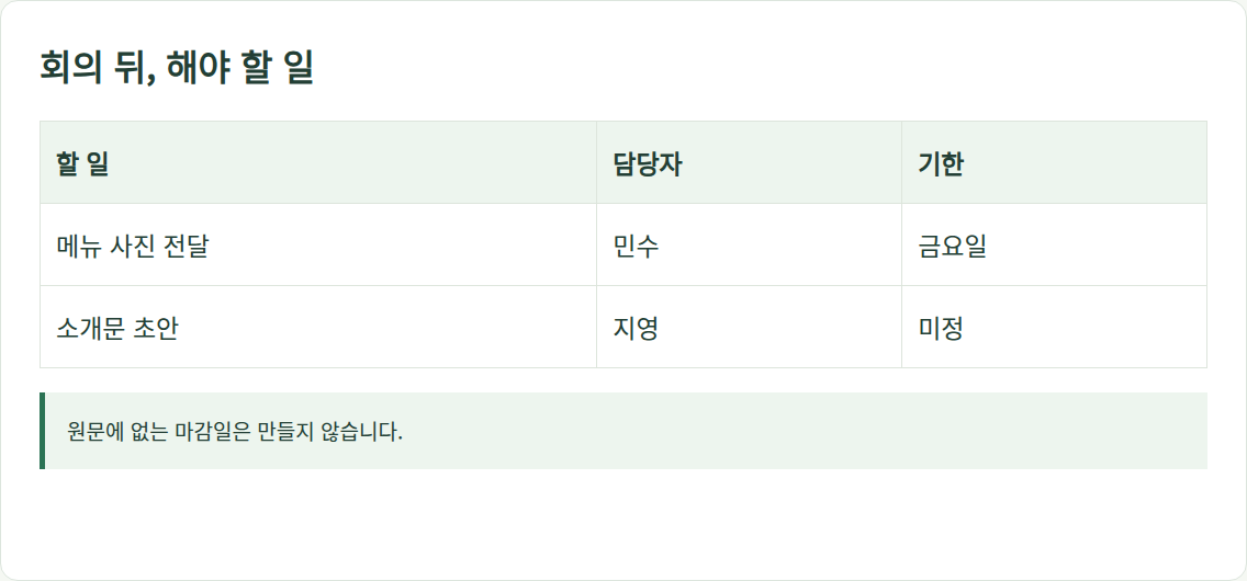 결정 사항과 담당자 표 완성 예시